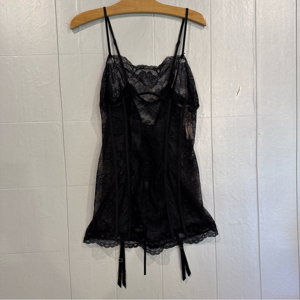 Victoria's Secret Black Lace Chemise with Garters and Back Corset